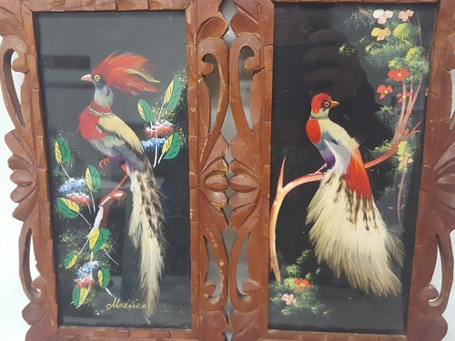 Vintage Mexico Feathercraft Hand Painted Bird Pictures Carved Frames Set Of 2