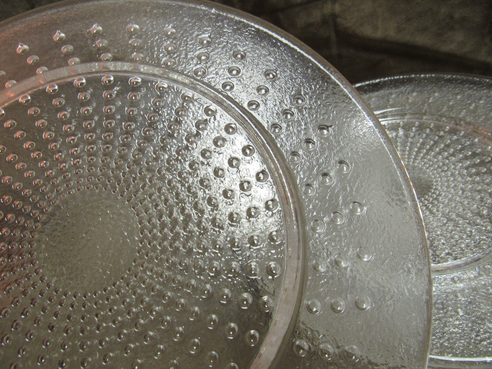 Circa 1970's Mid Century Modern Design Clear Glass Dots Pattern Dinner Plates