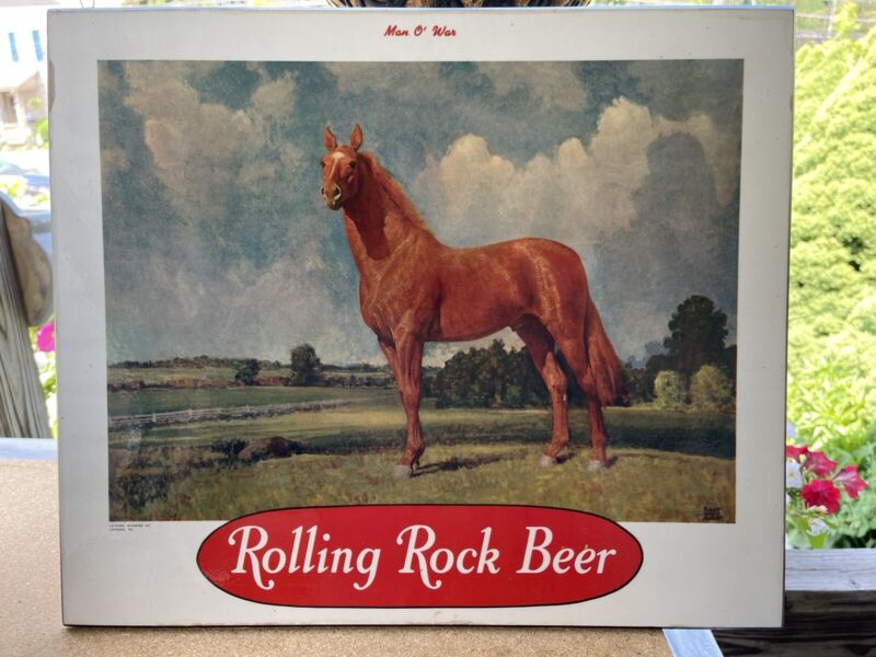 ROLLING ROCK BEER MAN O WAR RACE HORSE SIGN LATROBE BREWING CO PA 1940s 14x16"