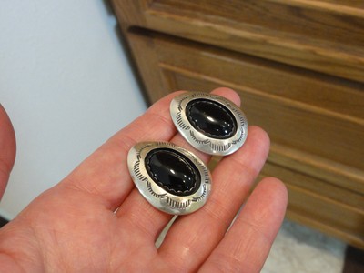 Estate Teddy Goodluck Sterling Silver Black Onyx Shadow Box Clip On Earrings TG