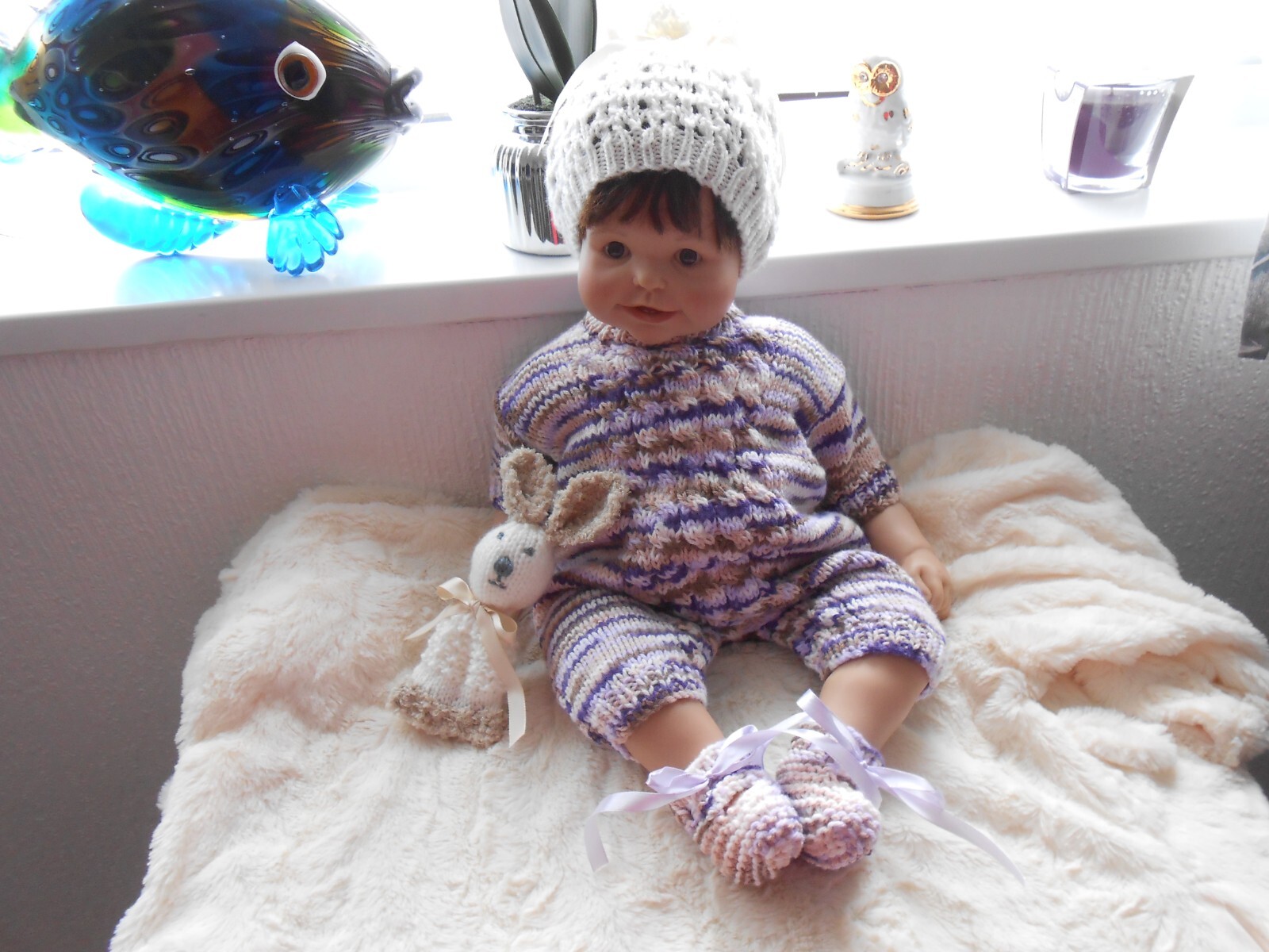 Hand knitted Lilac/Cream Romper Set baby girl 0-3mth/reborn 
