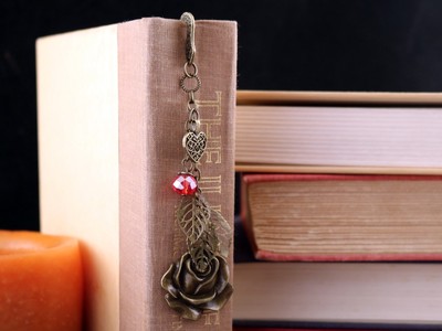 Gold Bookmark Large Rose, Filigree Leaves, Detailed Filigree Heart and Swarovski
