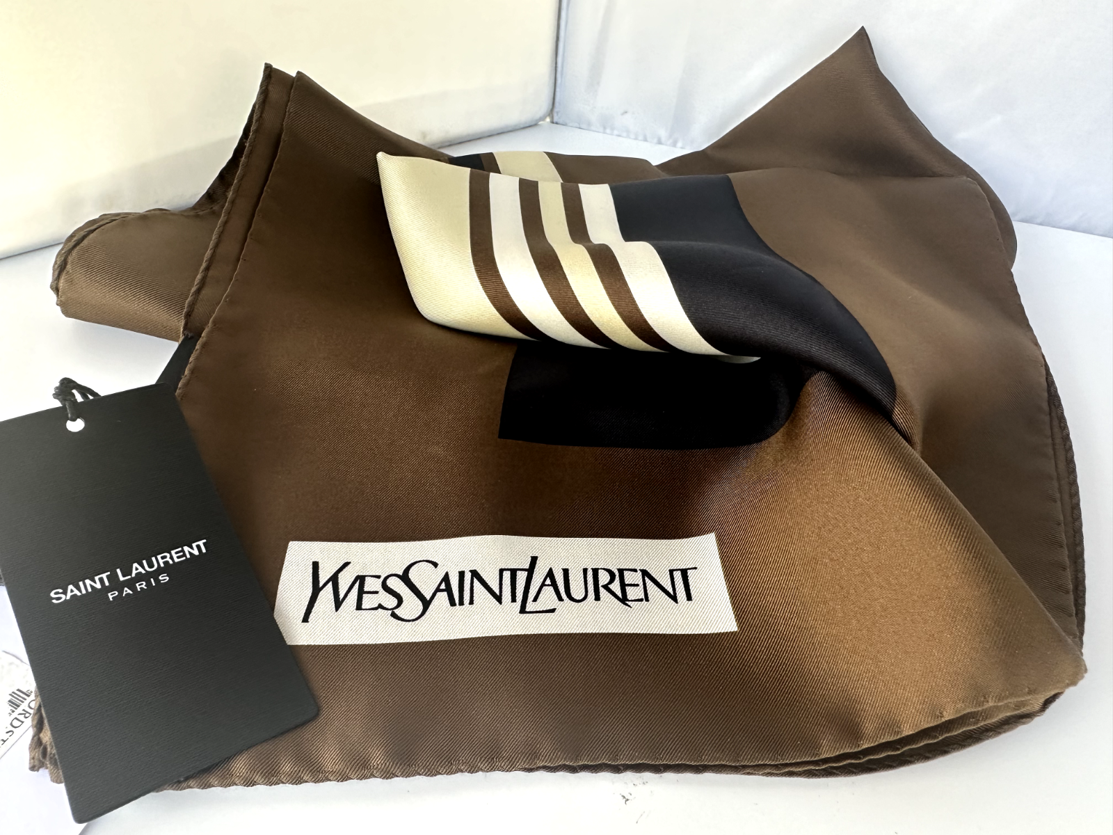 New Saint Laurent Paris Scarf Stripe Silk Brown YSL Women's