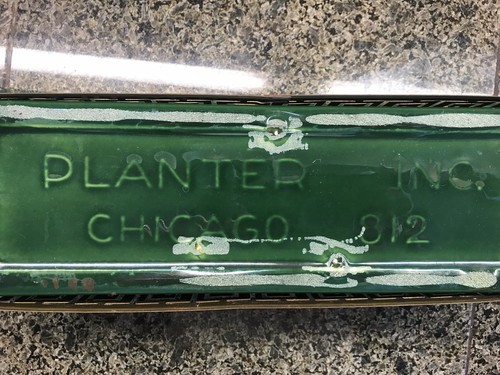 Vintage Greek key PLANTER INC Chicago Metal Meander Motif Emerald Green signed