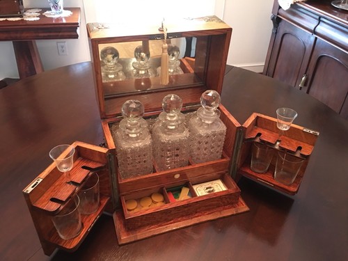Antique English Victorian Oak Traveling Tantalus Liquor Box With Decanters