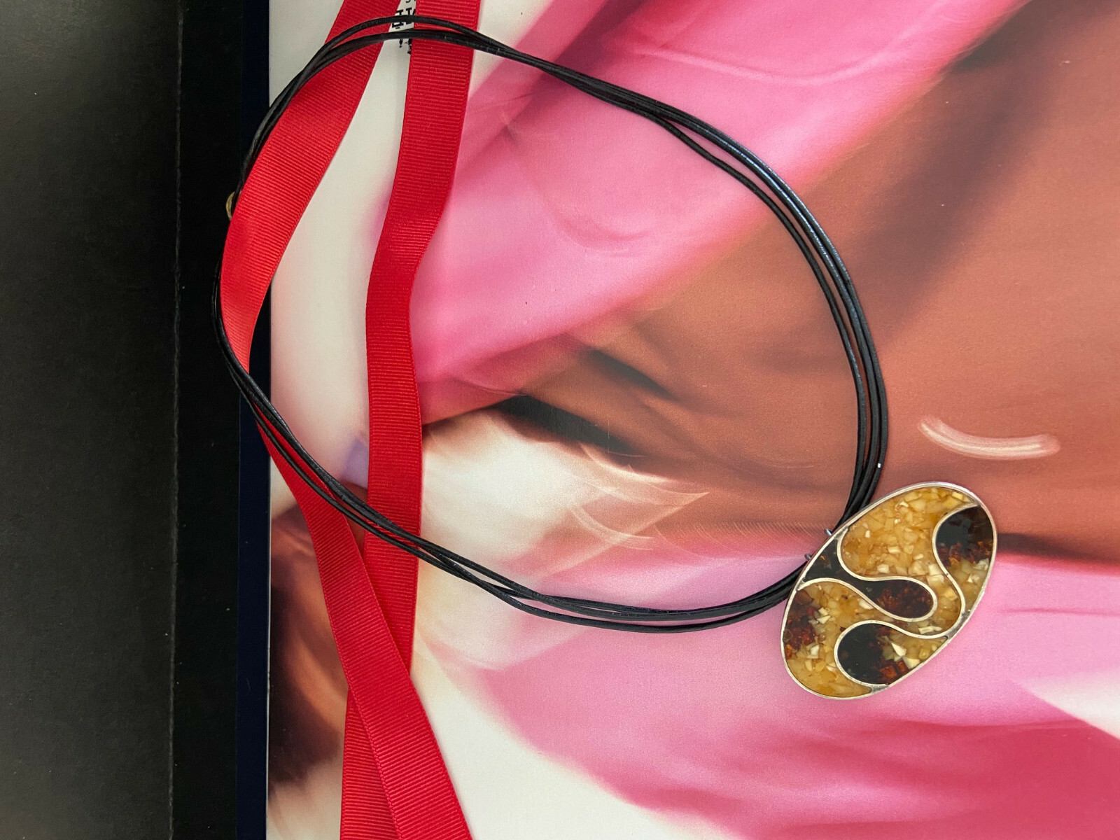 Pre-owned Picasso Amber Pendant  Style Multi-color On Leather Cord In Multicolor