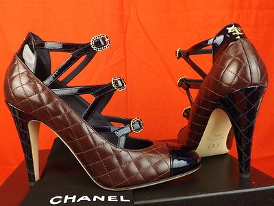 Pre-owned Chanel Burgundy Navy Quilted Leather Cc Logo Buckles Cage Pumps 40.5 $1050 In Red