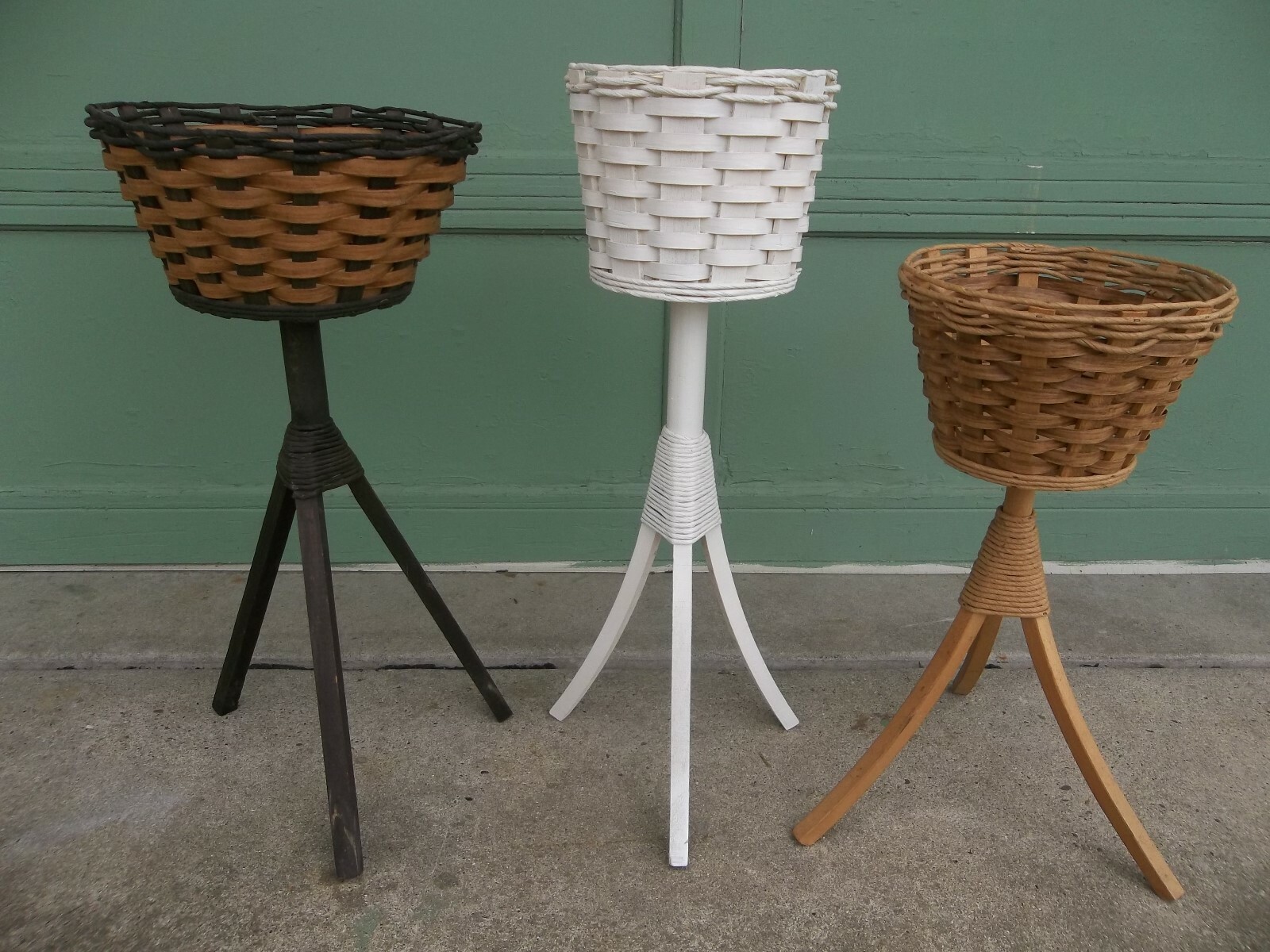 Lot of 3 Vintage Wooden Rattan Wicker Tripod Legs Fern Plant Stands - VGC!