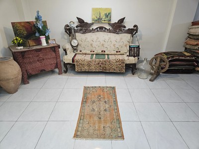 Small Orange Turkish Wool Rug, Bohemian Oushak Rug (2.1 x 4.2 ft)