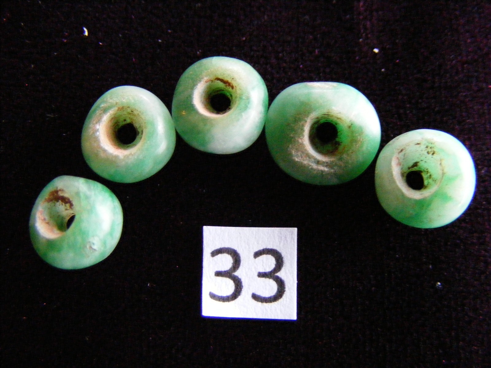 5 Pre Columbian Natural Green Jade Mayan Hand Carved Round Beads(B33)