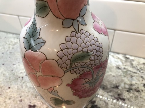 Vtg Chinese Porcelain Pink Green Blue Peach Floral White Flower Vase 10.5