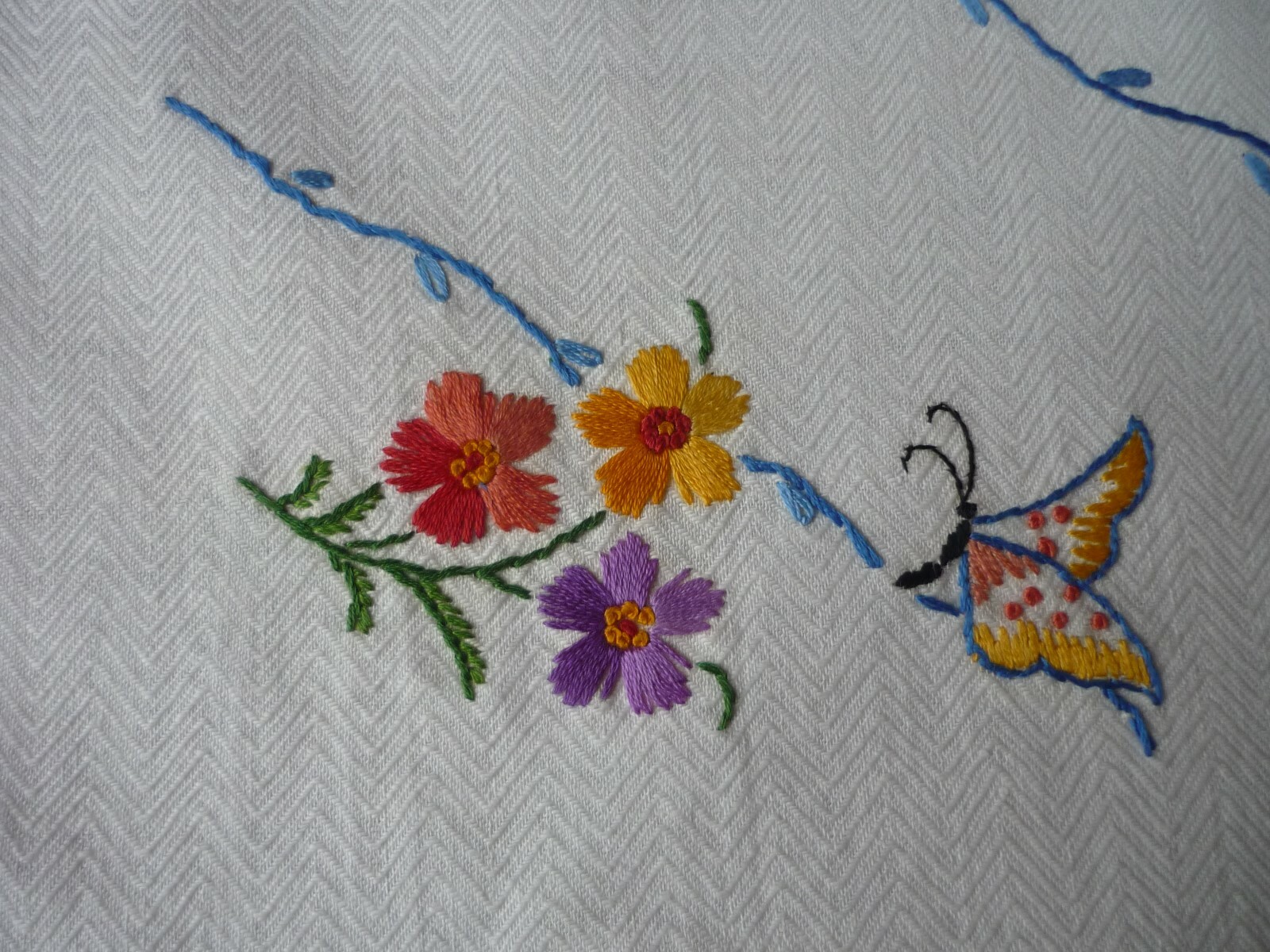 Vintage Butterflies & Flowers Embroidery on Ivory with Fringe 21