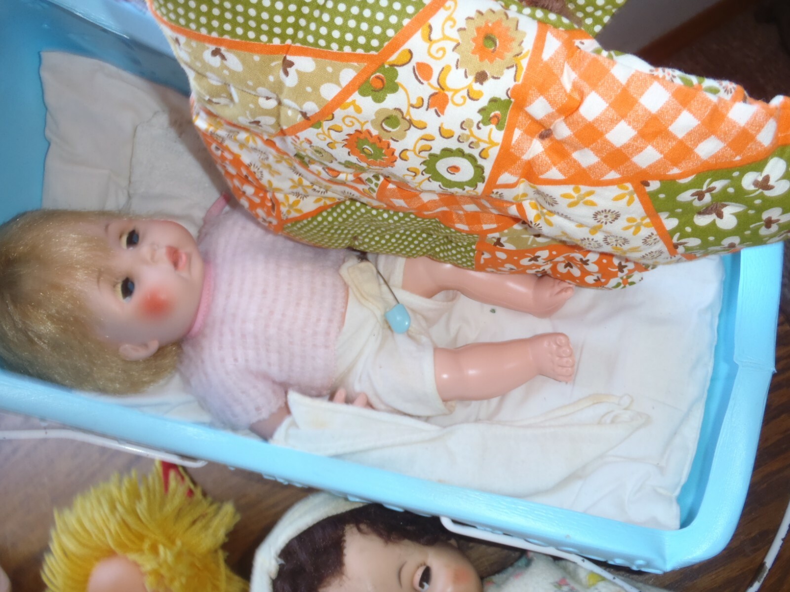 VINTAGE BABY DOLLS MIXED LOT,WITH CRIB OPEN AND CLOSE EYES ON TWO DOLLS