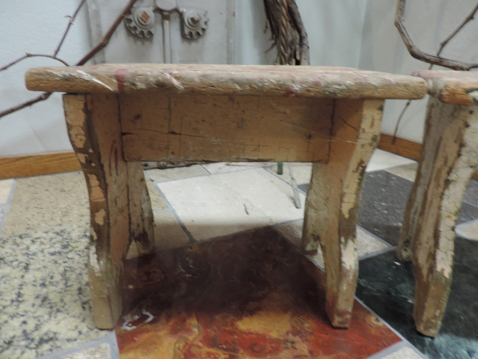 2 Vintage Antique Small Primitive Country White Wood Footstools Step Stools