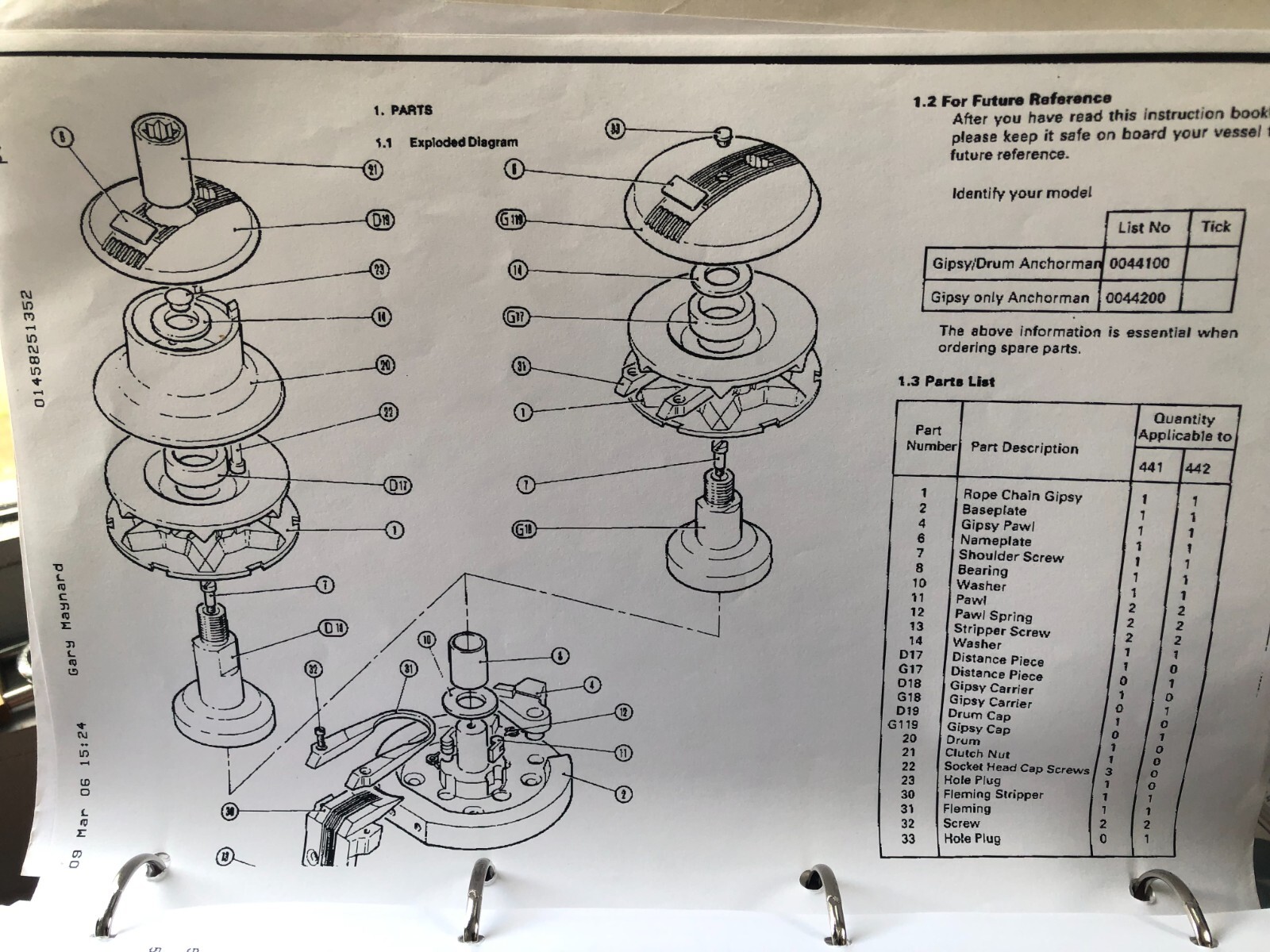 Simpson Lawrence Manual Anchorman Windlass spares Part numbers 441