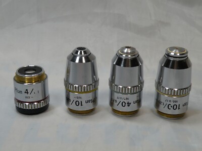Nikon E-Plan Objectives:- 4X, 10X, 40X, 10OX Oil, Good Condition