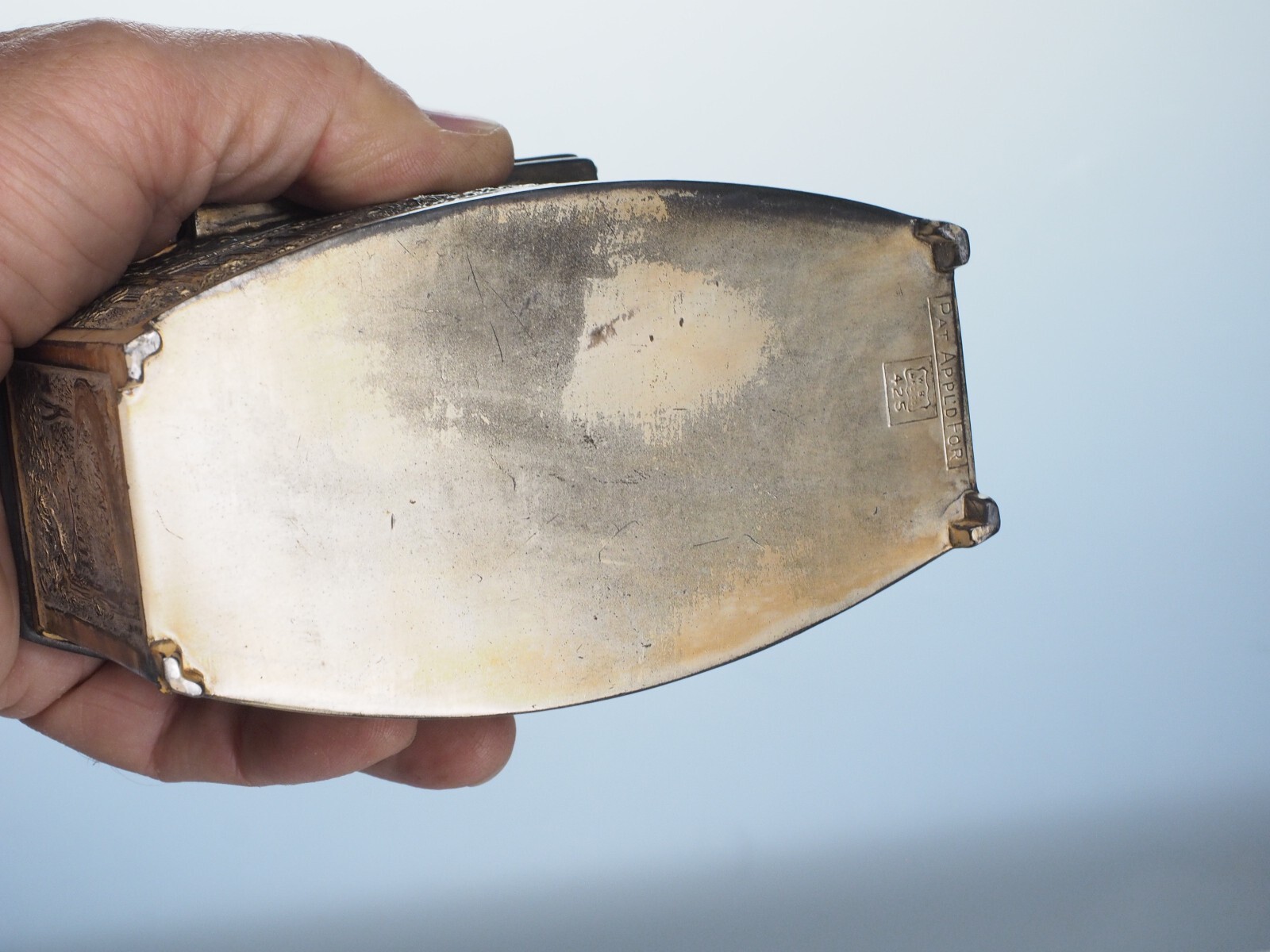 Antique metal jewelry casket box marked W.B Mfg. Co. Weidlich Brothers