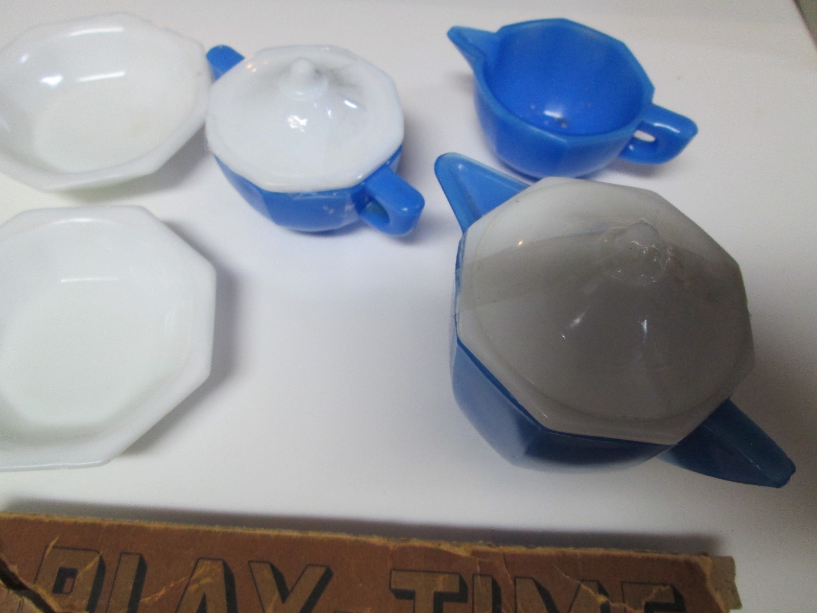 Vintage Akro Agate Play Time Glass Dishes Lot Blue & White Tea Set