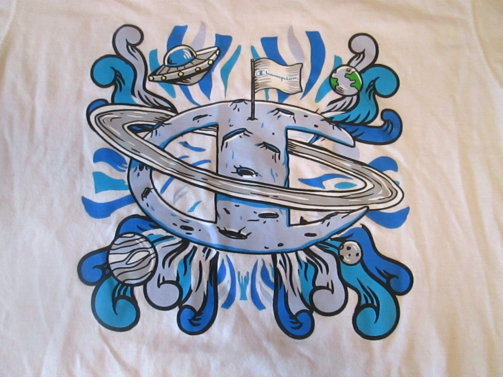 トップス 90supremestreethiphoplevistussychampion Vintage 90s CHAMPION Brand - Space Moon Spaceship T-Shirt M