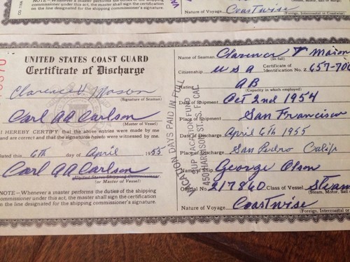 4 1954 U.S. Coast Guard Certificate of Discharge Merchant Seaman Steam Vessels