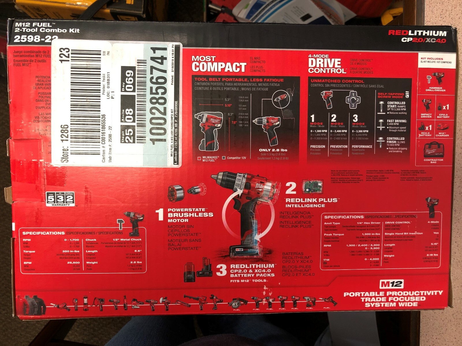 Milwaukee 12V M12 Fuel 2-Tool Combo Kit  2598-22 w/ 2 Batteries, Charger & Bag