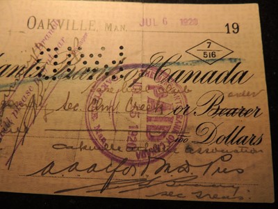 MERCHANT BANK OF CANADA LARGE CHEQUE CHECK OAKVILLE MANITOBA $25.00 1920 JULY 6