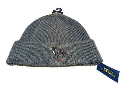 New POLO RALPH LAUREN - French Bulldog - Grey Beanie  1 sz (no jumbo heads)