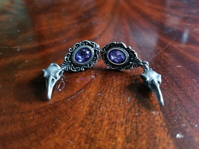 Raven skull Gothic earrings - Tanzanite Swarovski Crystals - New