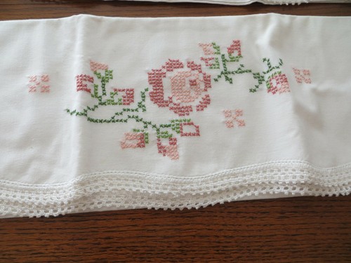 2 Pair Vintage 100% Cotton Pillowcases Hand Embroidered + Runner UNUSED