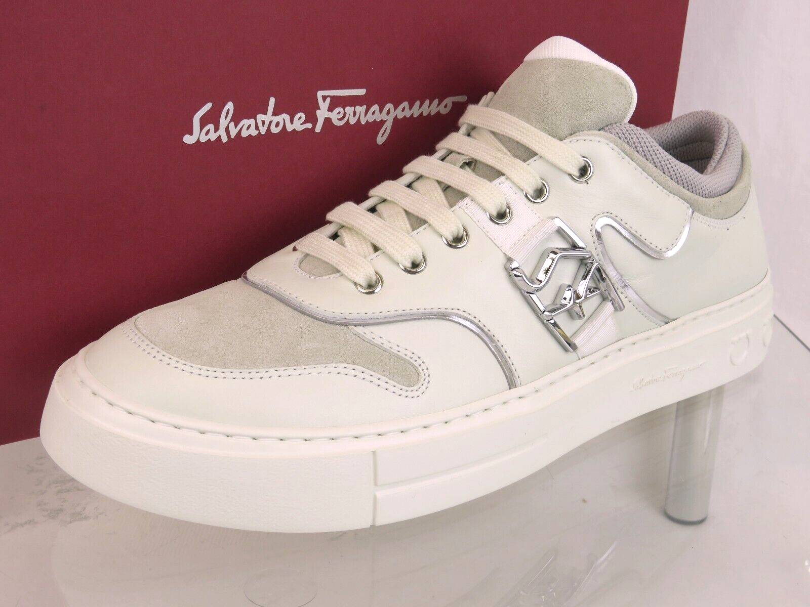 Pre-owned Ferragamo $795  Noris White Leather Beige Suede Sf Logo Sneakers 10 M Italy