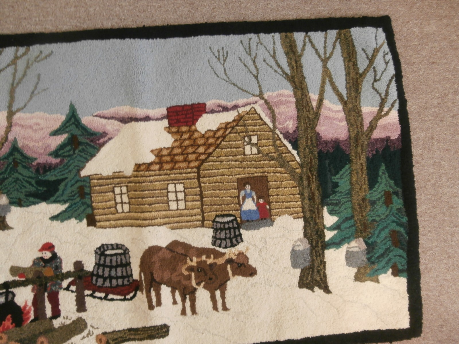 PICTORIAL FOLK ART HOOKED RUG VERMONT WINTER SCENE HORSE & SLEIGH MAPLE SUGAR