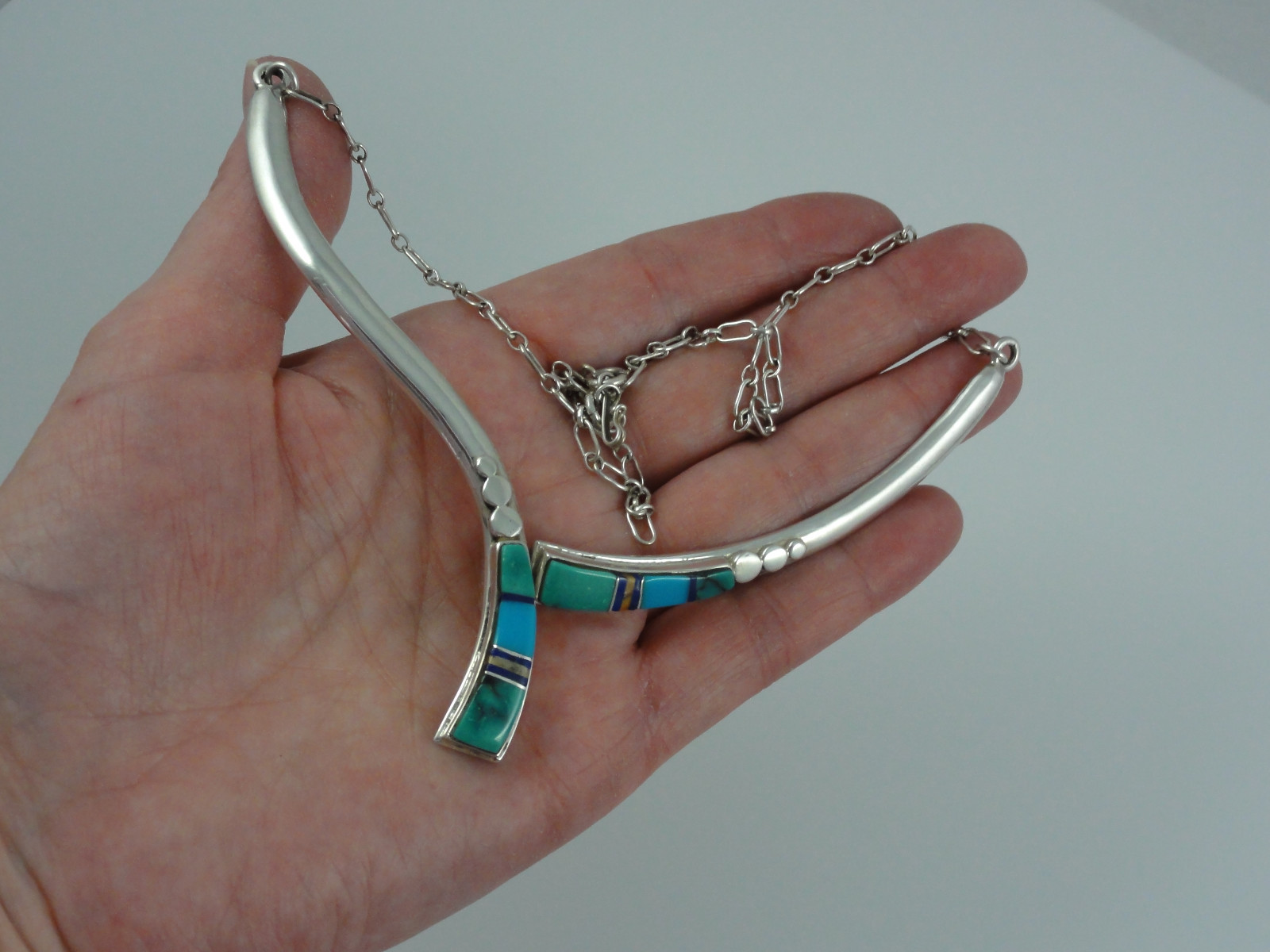 Estate Sterling Silver Turquoise Inlay Necklace Multi Color Southwestern