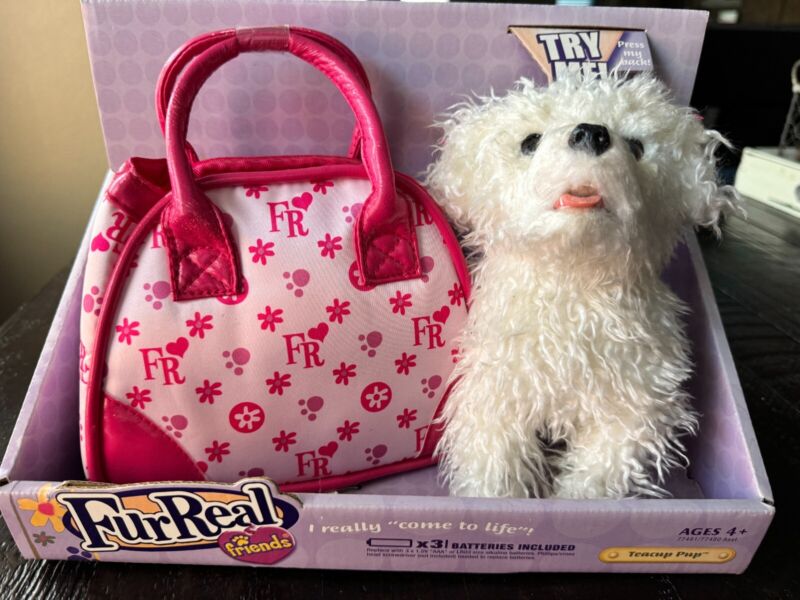 New Fur Real Friends Teacup Pup With Puppy Purse work see video! White Pup Dog