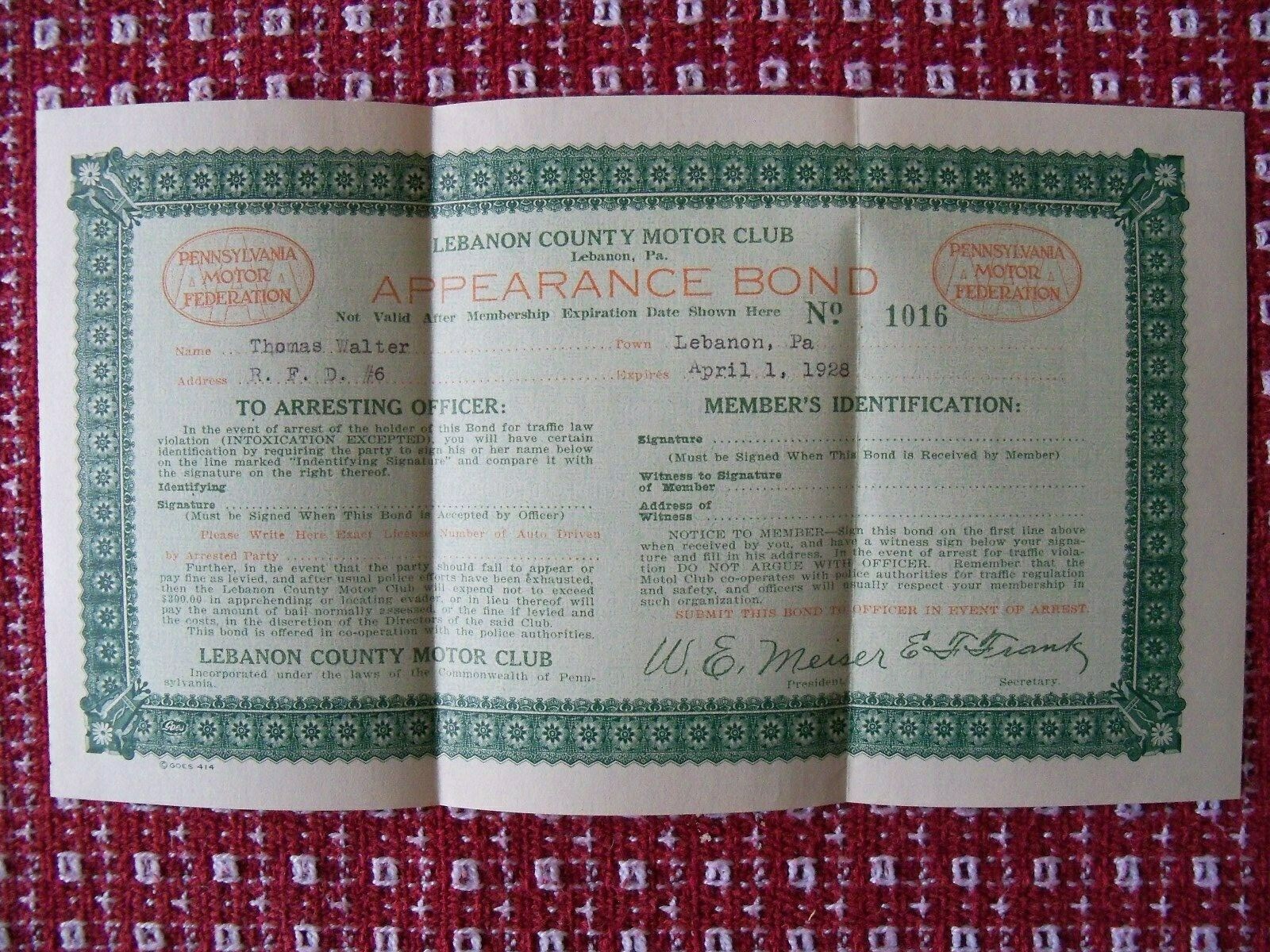 Lebanon County PA Motor  Club Appearance Bonds 1928, 1932