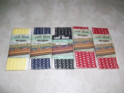 5 NOS WRIGHT'S LOOP BRAID 1.5 YARD EACH-RED, CANARY, NAVY & BLACK