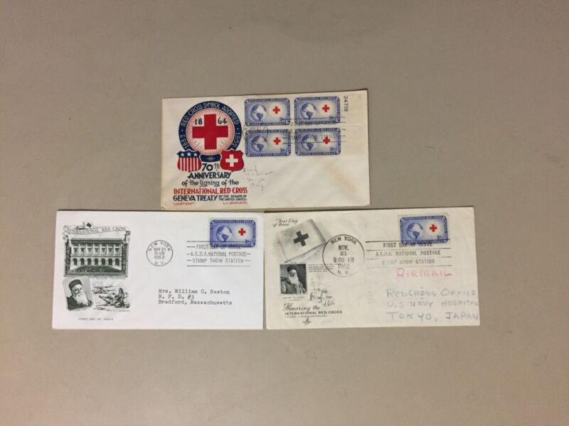 Five RED CROSS fdc with same stamp different pictures.One fdc block of four st