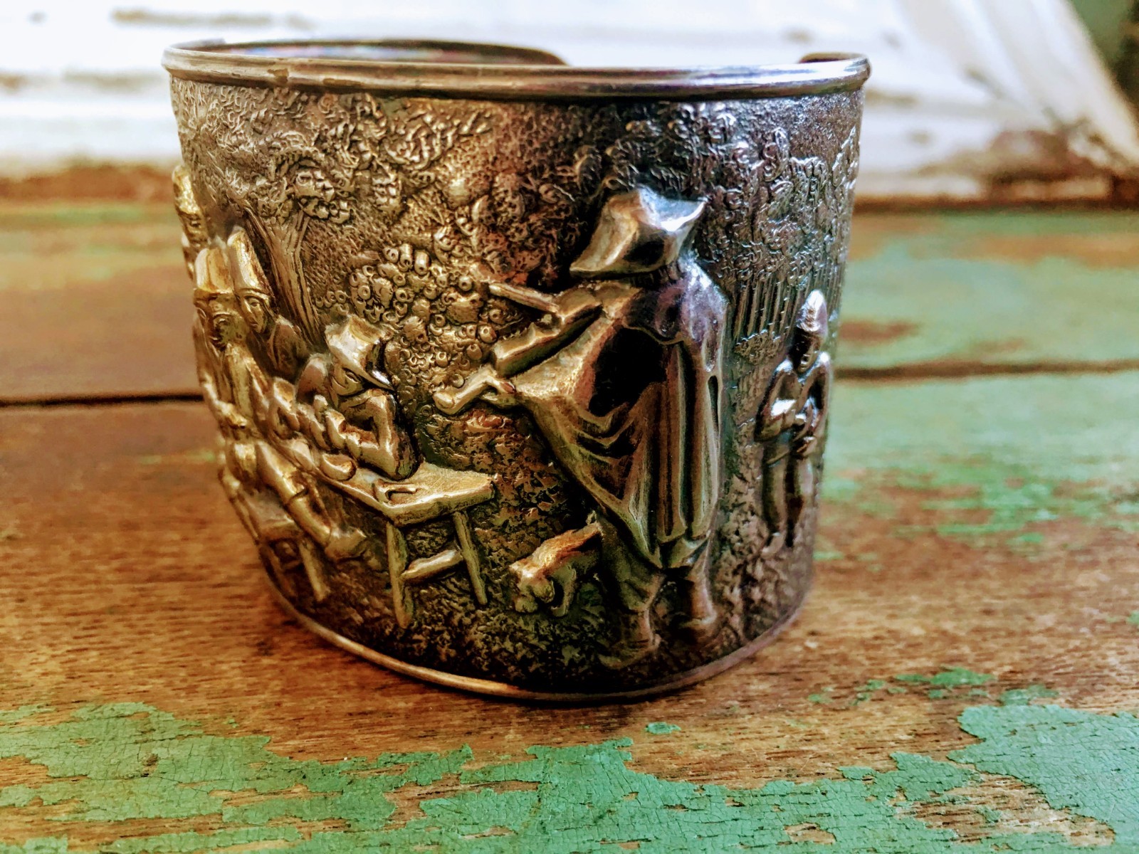 Vintage  Signed JKS DENMARK Silver Plate Storyteller Repousse CUFF BRACELET