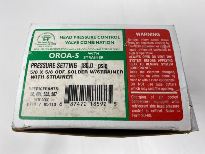 Sporlan OROA-5 7/8" ODF Head Pressure Control Valve 40 Mesh Strainer OROA-5-180