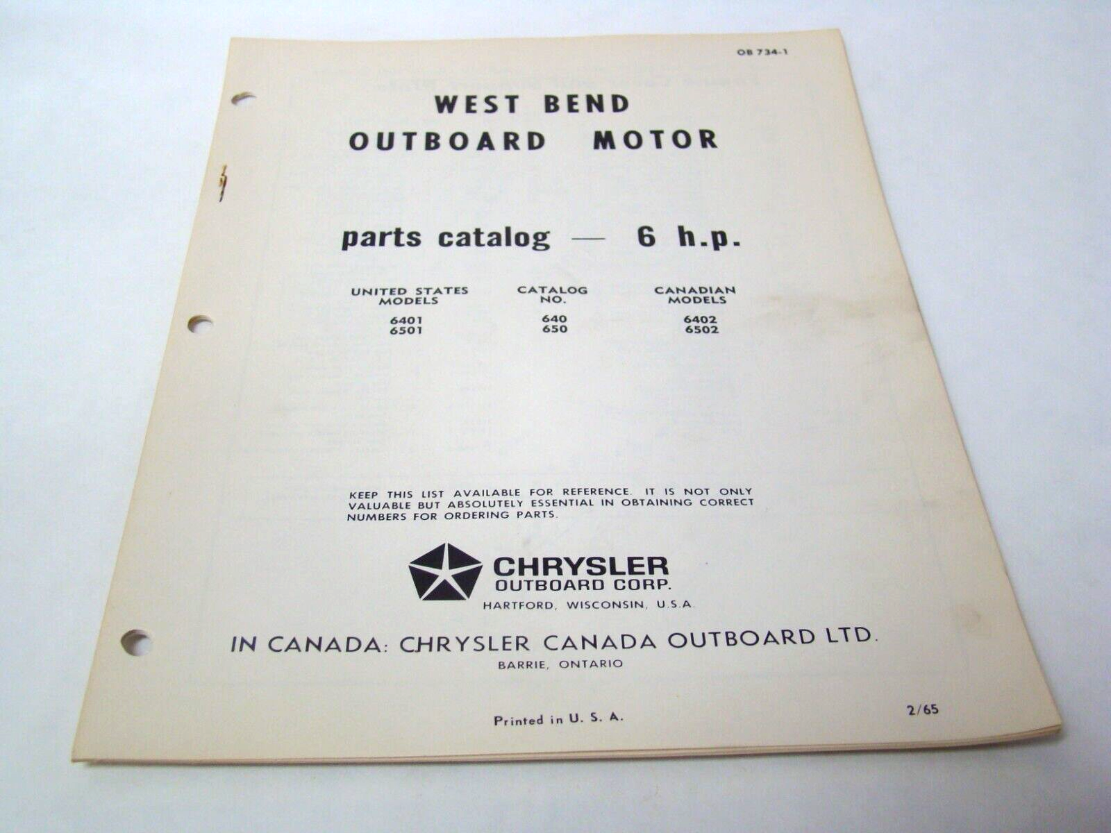 1965 West Bend 20 HP outboard parts list catalog book OB 885