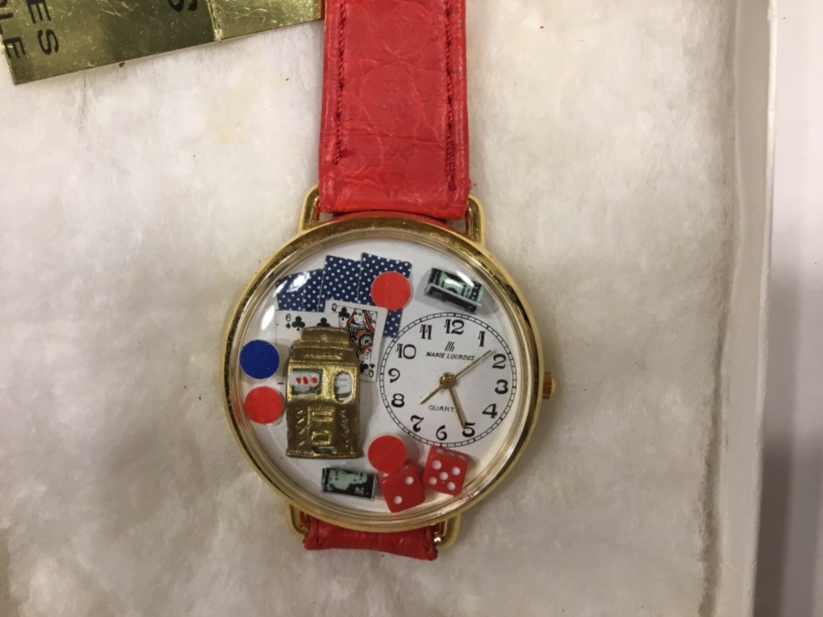 Gambling Casino quartz watch with red leather band by Carole DeWoskin Spielberg