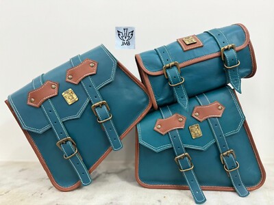 JMB   Dark Cyan Leather COMBO Motorcycle Saddle Bag Panniers Tool Pouch Side Bag