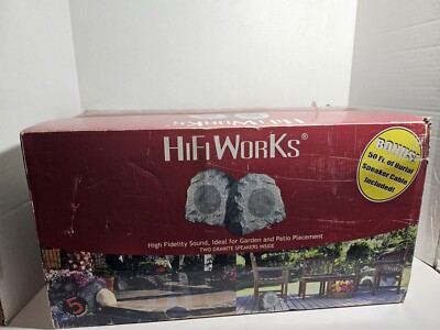 Pair of HiFi Works 2 Weather Resistant Outdoor Rock Speakers Granite + 50' Cable