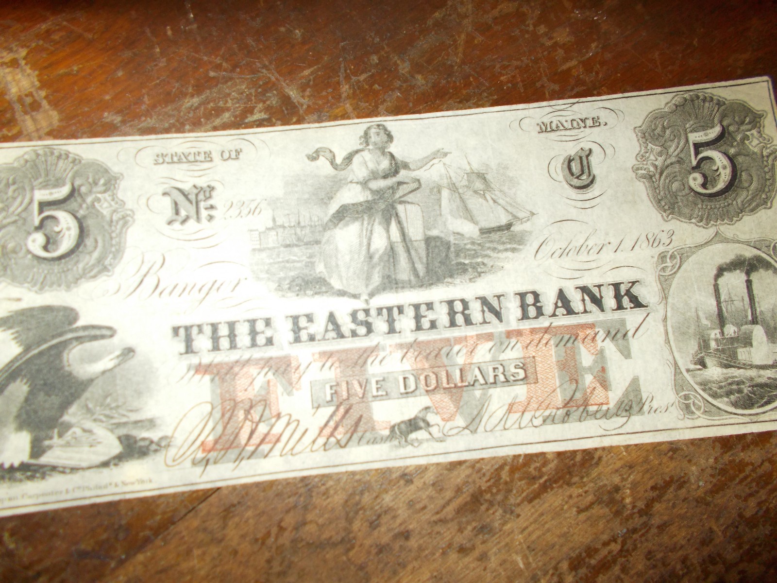 THE EASTERN BANK OF BANGOR, MAINE FIVE DOLLAR OBSOLETE CURRENCY