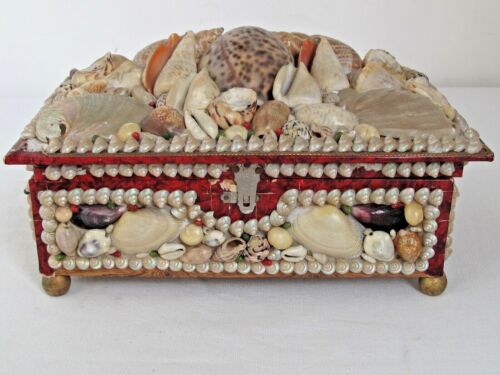 Antique 19c. Seashell Shell Jewelry Box 9" X 5 5/8" X 4 3/4"