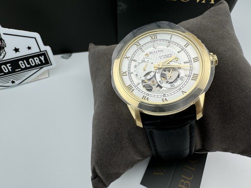 Pre-owned Bulova Sutton Gold Stainless Automatic 4-hand Watch Open Heart Leather 42mm
