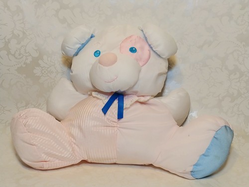 Fisher Price PUFFALUMPS Pink White Blue Plush Bear with Blue Bow Rattle