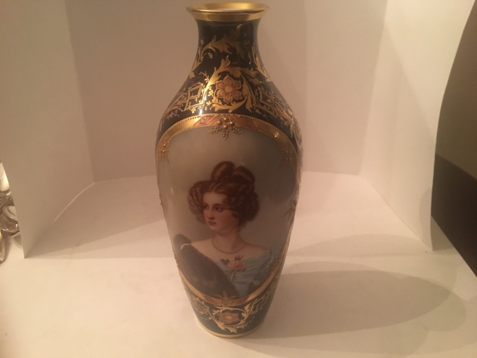 Antique Royal Vienna Handpainted Cobalt/Gold Portrait Vase 1870’s Excellent