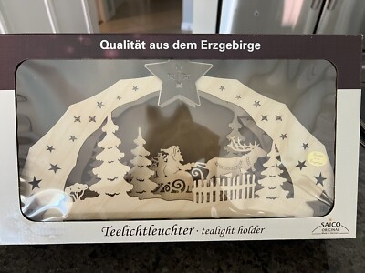 German Teelichtleuchter- Tealight Holder Santa & Reindeer Pulling Sleigh Thru Wo