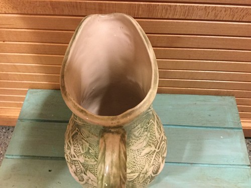 Antique Green Salt Glaze Pitcher, Morning Glory Vines, Wheat, 6.5”