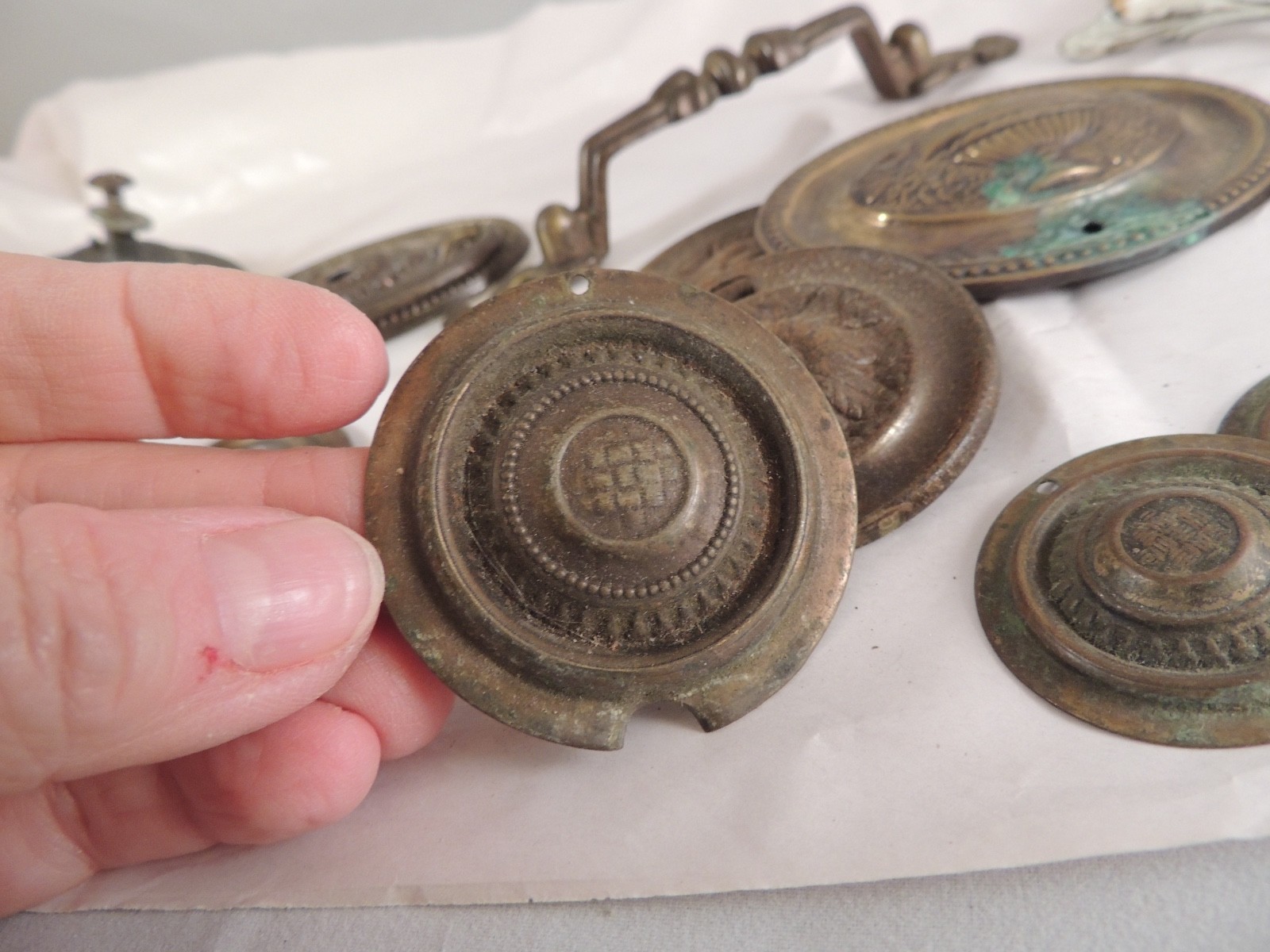 Lot of various antique drawer pulls medallions furniture metal brass salvage